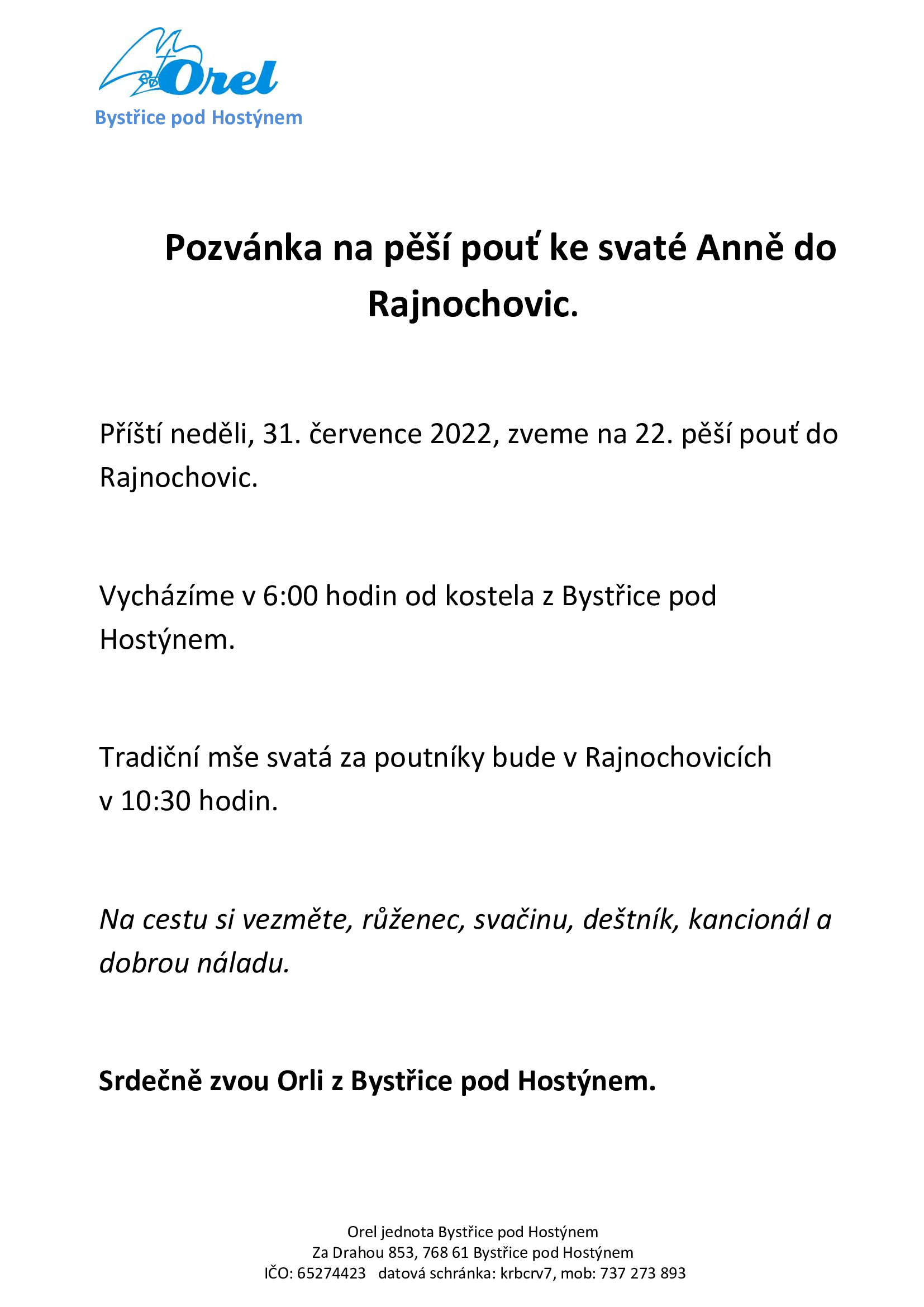 Pozvánka na Pouť do Rajnochovic 2022